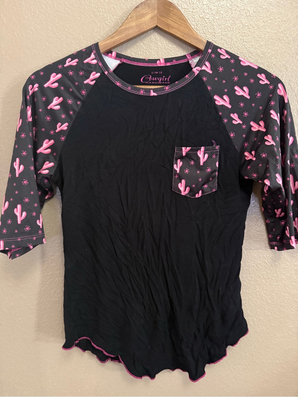 Cowgirl Hardware Black Raglan Tee with Pink Cactus Print - Kids